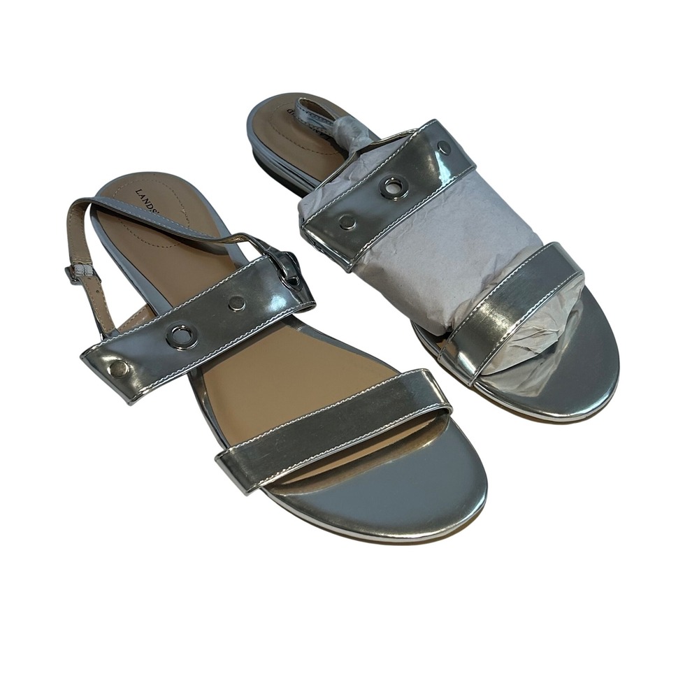 Lands' End Neve‎ Flat Sandal Silver Metallic Slingback Eyelet 449775 Womens 9B